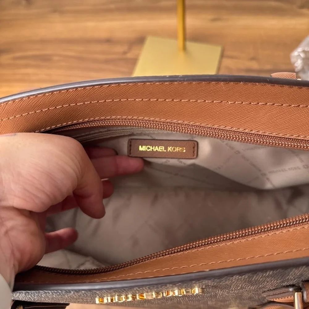 Michael Kors Ayden Large Signature Logo Tote Bag Saffiano Leather Brown Monogram